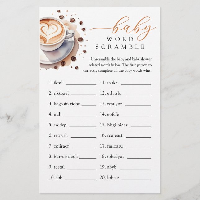 A Baby Is Brewing Coffee Baby Word Scramble Game (Front)