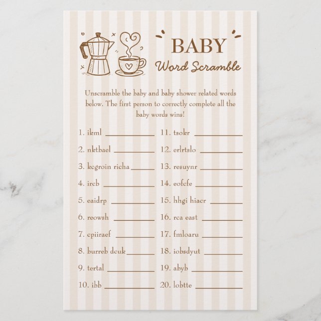 A Baby Is Brewing Coffee Baby Word Scramble Game (Front)
