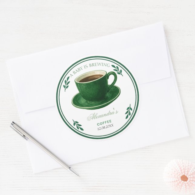 A Baby Is Brewing Coffee Cup Baby Shower Classic Round Sticker (Envelope)