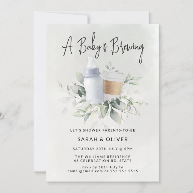 A Baby is Brewing Coffee Greenery Blue Baby Shower Invitation (Front)
