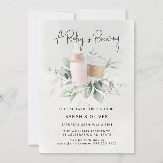 A Baby is Brewing Coffee Greenery Girl Baby Shower Invitation (Front)