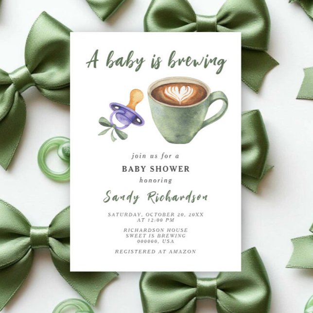 A Baby Is Brewing Coffee Pacifier Bow Baby Shower Invitation (Creator Uploaded)