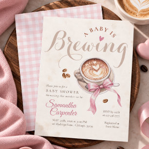 A baby is brewing coffee pink bow baby shower invitation