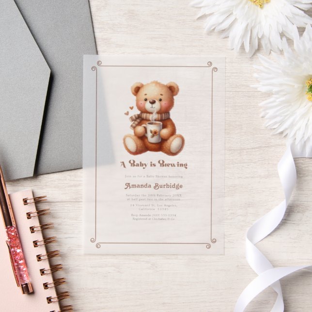 "A Baby is Brewing" Coffee Teddy Baby Shower Vellum Invitations (Wedding)