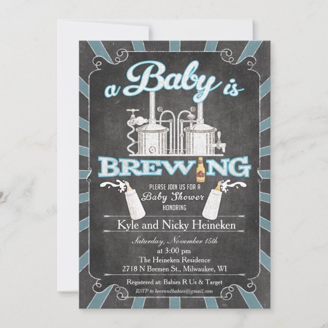 A "Baby is Brewing" Couples BBQ Invitation - Boy (Front)
