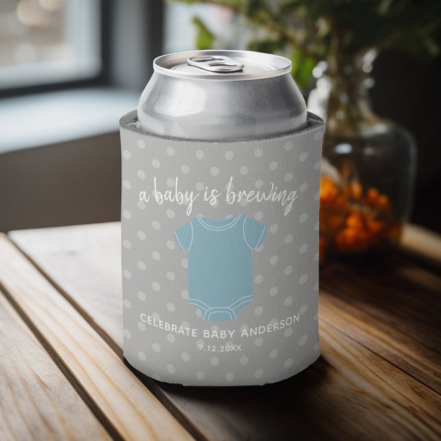 A Baby is Brewing - Couples Shower Favour Blue Boy Can Cooler (Baby Shower Favor - Personalized Can Cooler for a Couple's Shower - A Baby is Brewing)