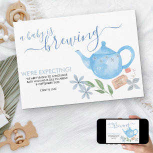 A Baby is Brewing   Cute Blue Teapot Pregnancy Announcement