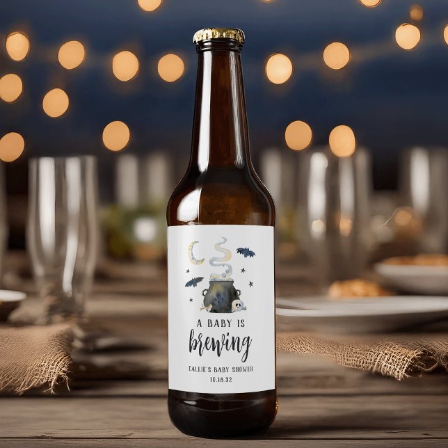 A Baby Is Brewing Cute Halloween Baby Shower Beer Bottle Label (Creator Uploaded)