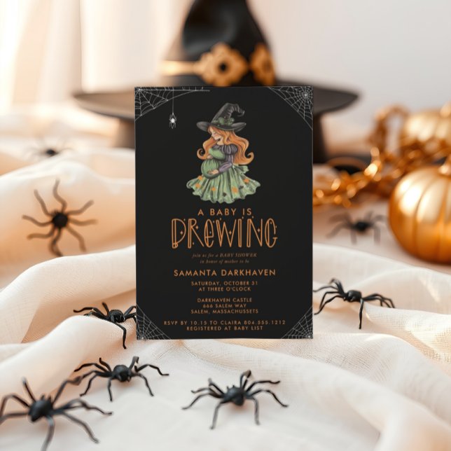 A Baby is Brewing Cute Halloween Baby Shower  Invitation (BABY IS BREWING CUTE WITCH HALLOWEEN BABY SHOWER INVITATION )