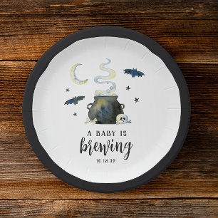 A Baby Is Brewing   Cute Halloween Baby Shower Paper Plate