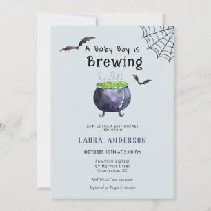 A Baby is Brewing Cute Halloween Boy Baby shower Invitation