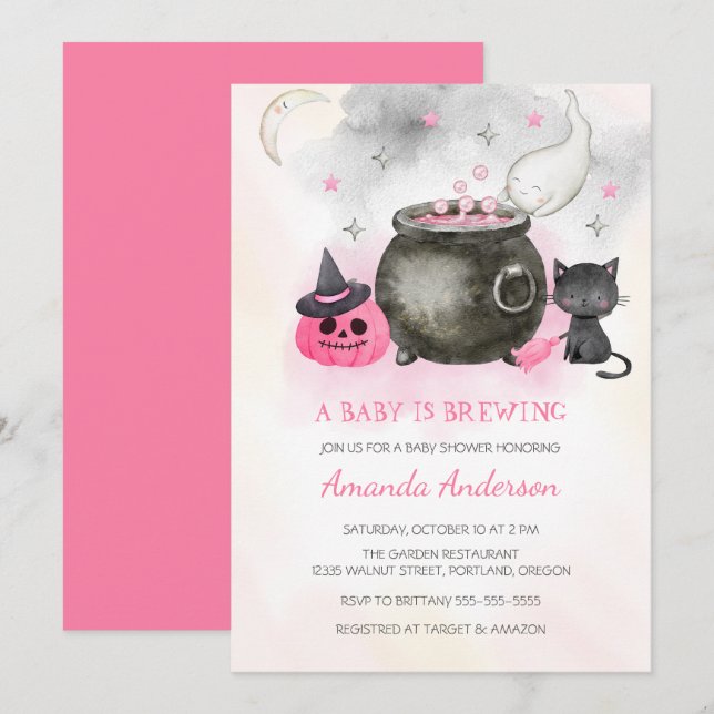 A Baby Is Brewing |Cute Halloween Girl Baby Shower Invitation (Front/Back)
