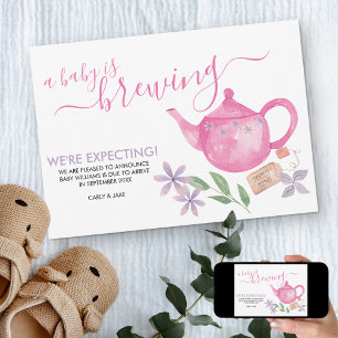 A Baby is Brewing   Cute Pink Teapot Pregnancy Announcement