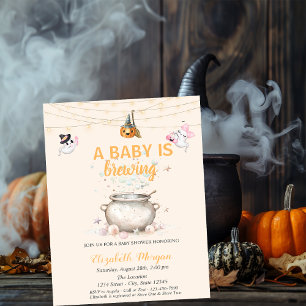 A Baby Is Brewing Dots Pumpkin Ghost Baby Shower Invitation