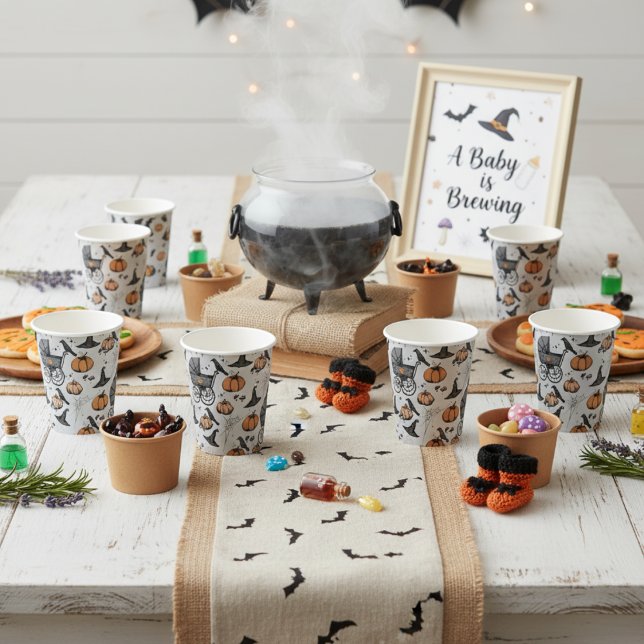 A Baby is Brewing Fall Baby Shower Grey Paper Cups (Cute Gothic Halloween Baby Shower Party Paper Cups in Light Gray. Spooky Baby Carriage & Pumpkins)