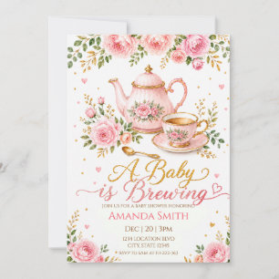 A Baby Is Brewing  Floral Tea Party Baby Shower Invitation