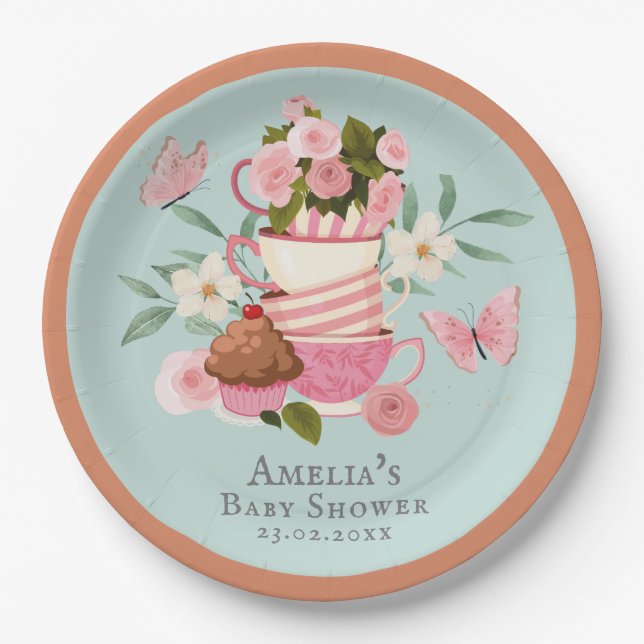A Baby is brewing floral teacups Baby shower Paper Plate (Front)