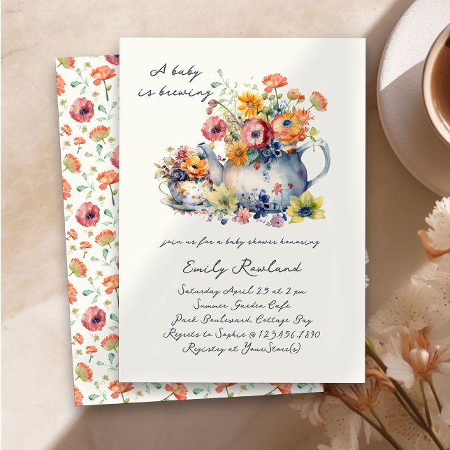 A Baby is Brewing Floral Teapot Baby Shower Invitation (Baby is Brewing Baby Shower Invitation with Teapot, Teacup and country flowers)