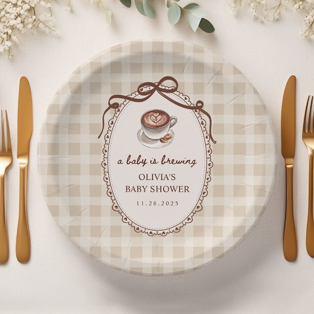 A Baby is Brewing Gingham Coffee Baby Shower Paper Plate (Creator Uploaded)