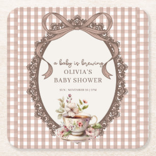 A Baby is Brewing Gingham Coffee Baby Shower Square Paper Coaster