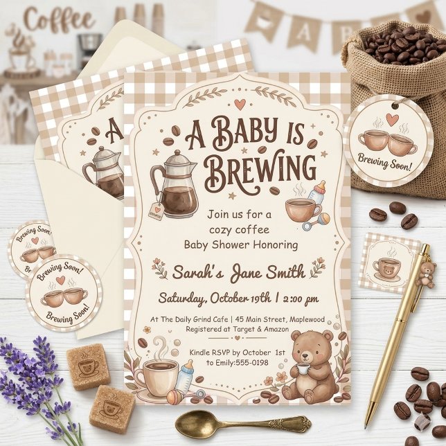 A Baby is Brewing Gingham Coffee Neutral Gender  Invitation (Creator Uploaded)