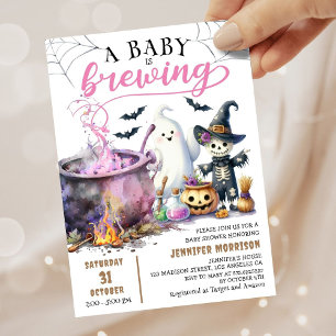A Baby is Brewing! Girl Pink Halloween Baby Shower Invitation