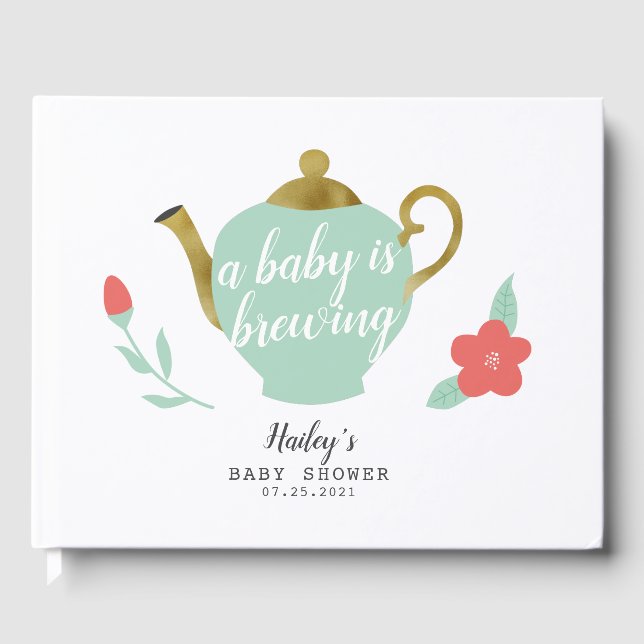 A Baby Is Brewing Gold Tea Party Baby Shower Guest Book (Front)