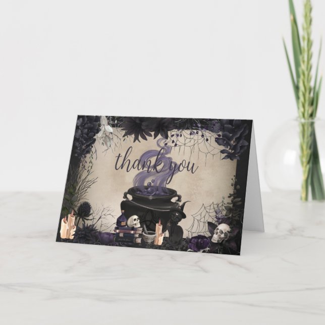 A Baby is Brewing Gothic Halloween Baby Shower Thank You Card (Front)