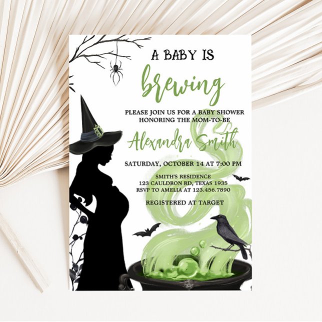 A Baby is Brewing Green Halloween Baby Shower  Invitation (Green A Baby is Brewing Baby Shower Invitation)