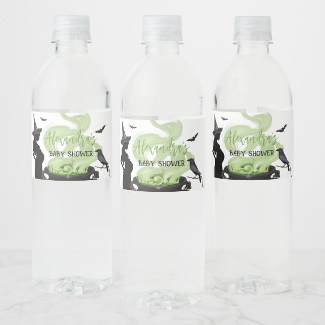 A Baby is Brewing Green Halloween Baby Sjower Water Bottle Label (Bottles)