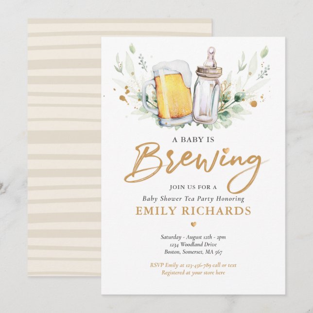 A Baby Is Brewing Greenery Beer Coed Baby Shower Invitation (Front/Back)
