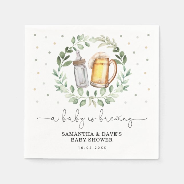 A Baby is Brewing Greenery Beer Coed Baby Shower Napkin (Front)