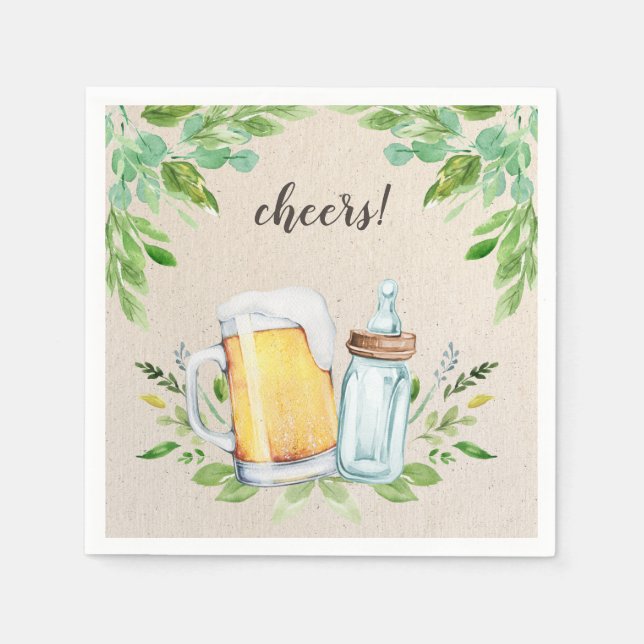 A Baby is Brewing Greenery Cheers Beer Baby Shower Napkin (Front)