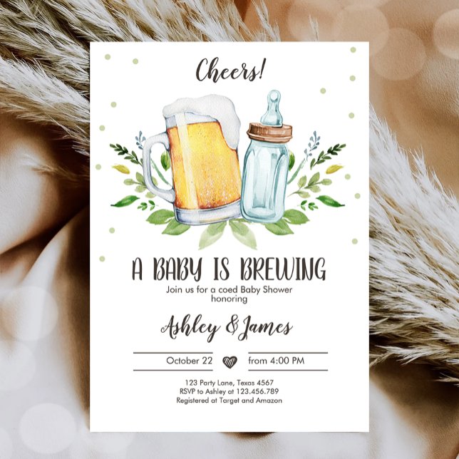 A Baby is Brewing Greenery Cheers Coed Baby Shower Invitation (Creator Uploaded)