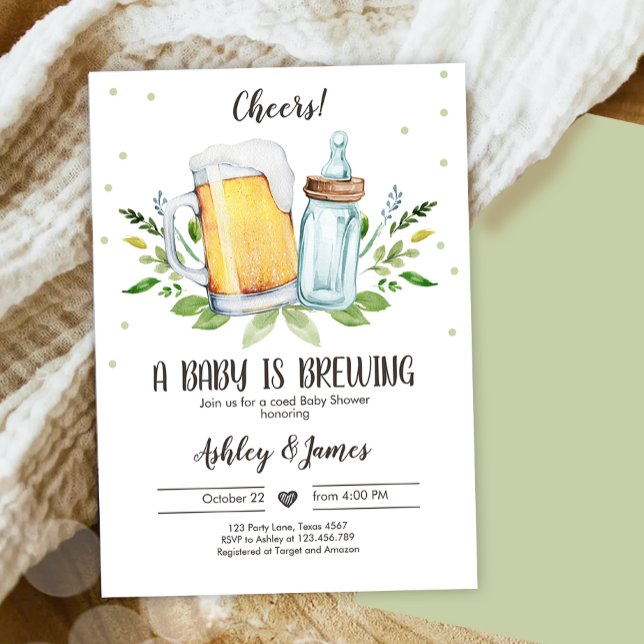A Baby is Brewing Greenery Cheers Coed Baby Shower Invitation (Creator Uploaded)