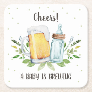 A Baby is Brewing Greenery Cheers Coed Baby Shower Square Paper Coaster