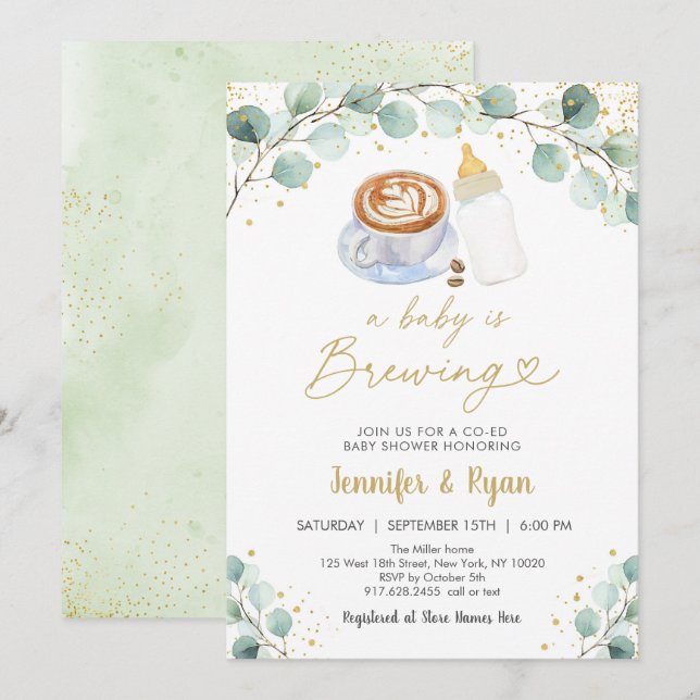 A Baby Is Brewing Greenery Coffee Baby Shower Invitation (Front/Back)