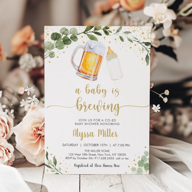 A Baby Is Brewing Greenery Gold Baby Shower Invitation (Creator Uploaded)