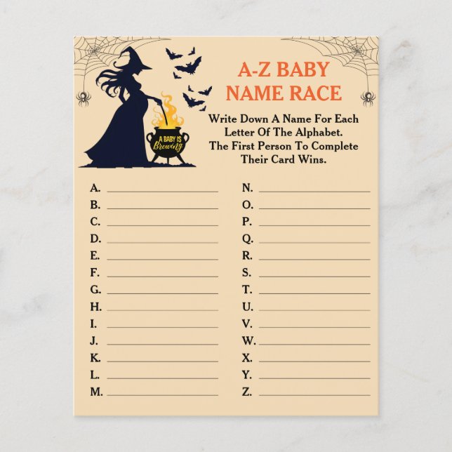 A Baby is Brewing Halloween Baby Name Race Game (Front)