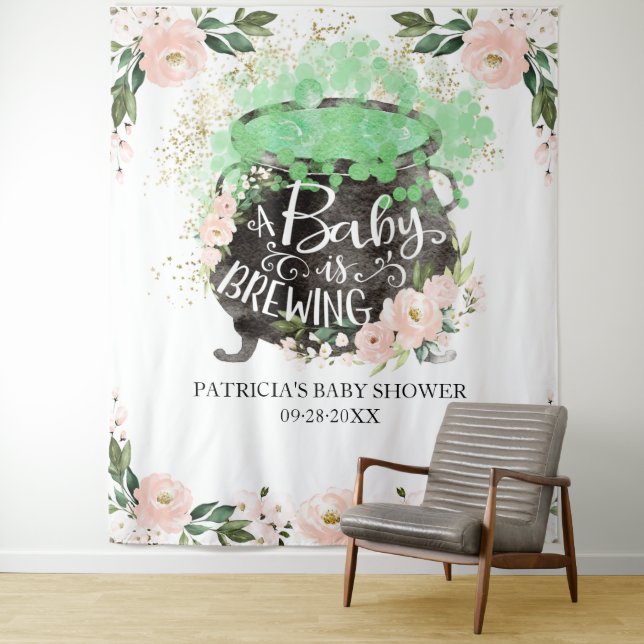 A Baby Is Brewing Halloween Baby Shower Backdrop Tapestry (In Situ)