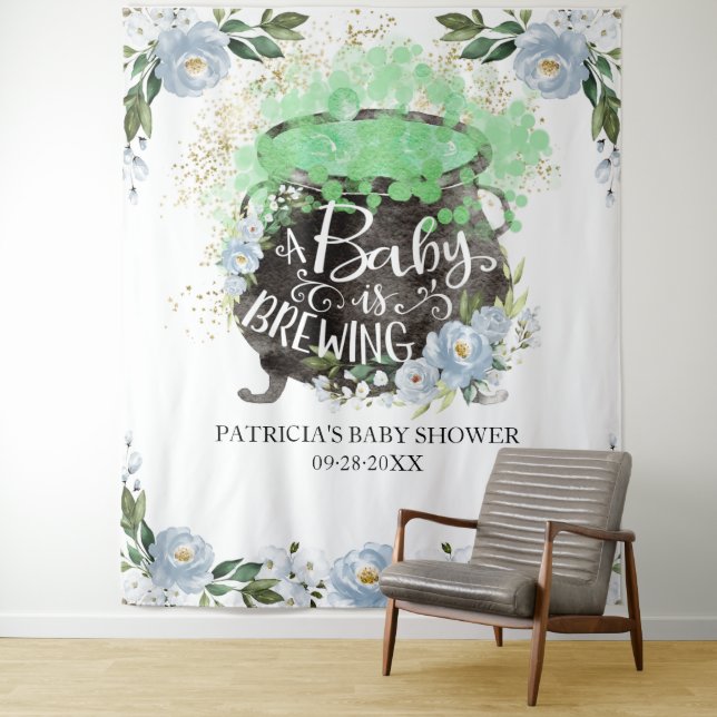 A Baby Is Brewing Halloween Baby Shower Backdrop Tapestry (In Situ)