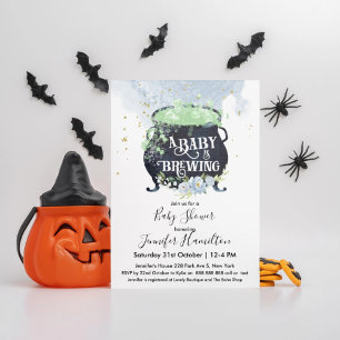 a baby is brewing Halloween Baby Shower Blue Invitation