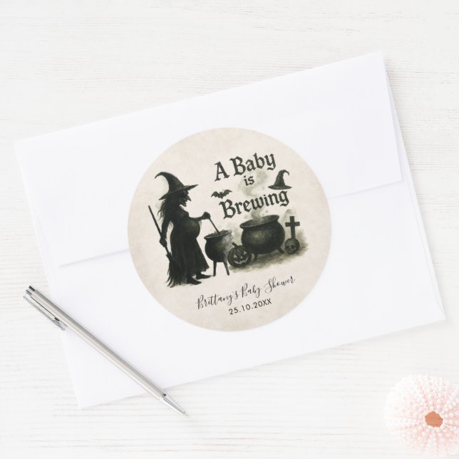 A Baby Is Brewing Halloween Baby Shower Classic Round Sticker (Envelope)
