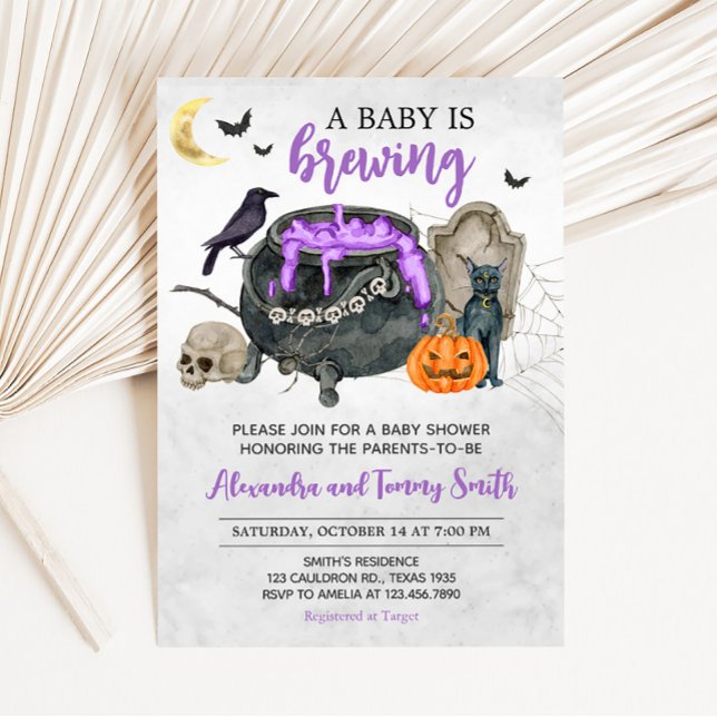 A Baby is Brewing Halloween Baby Shower  Invitation (Violet Baby is Brewing Halloween Baby Shower invitation)