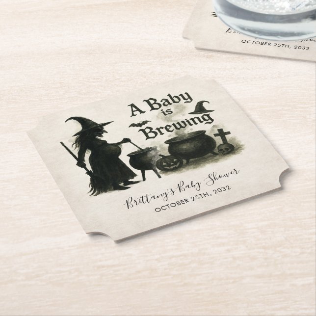 A Baby Is Brewing Halloween Baby Shower Paper Coaster (Angled)