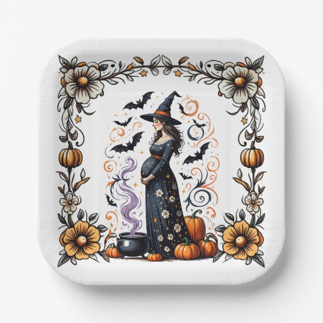 A Baby is Brewing Halloween Baby Shower Paper Plate (Front)