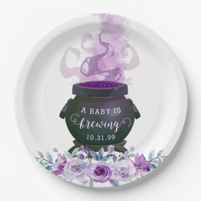 A Baby is Brewing Halloween Baby Shower Paper Plate (Front)