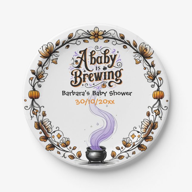 A Baby is Brewing Halloween Baby Shower Paper Plate (Front)