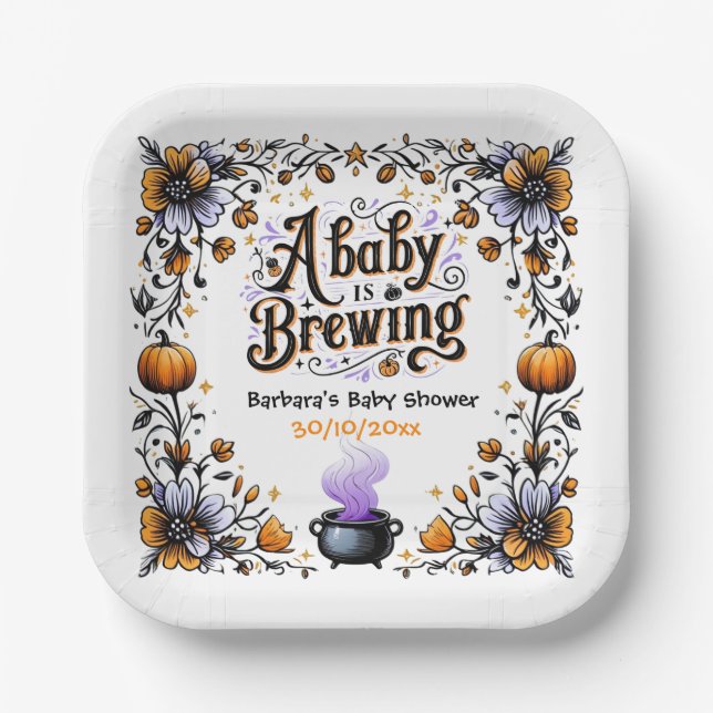 A Baby is Brewing Halloween Baby Shower Paper Plate (Front)