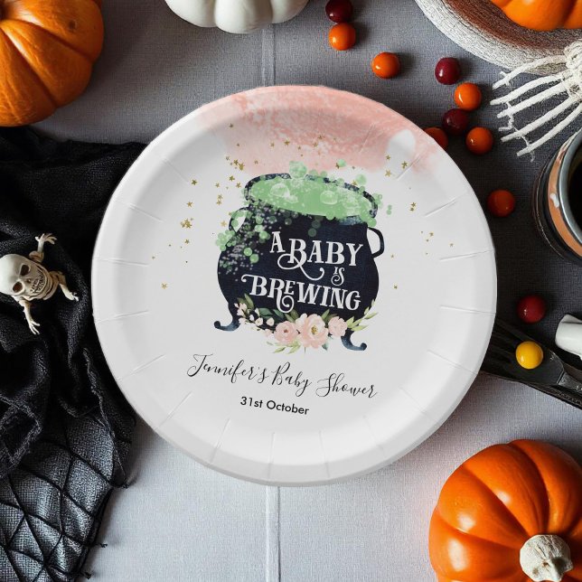 a baby is brewing Halloween Baby Shower Pink Paper Plate (Creator Uploaded)